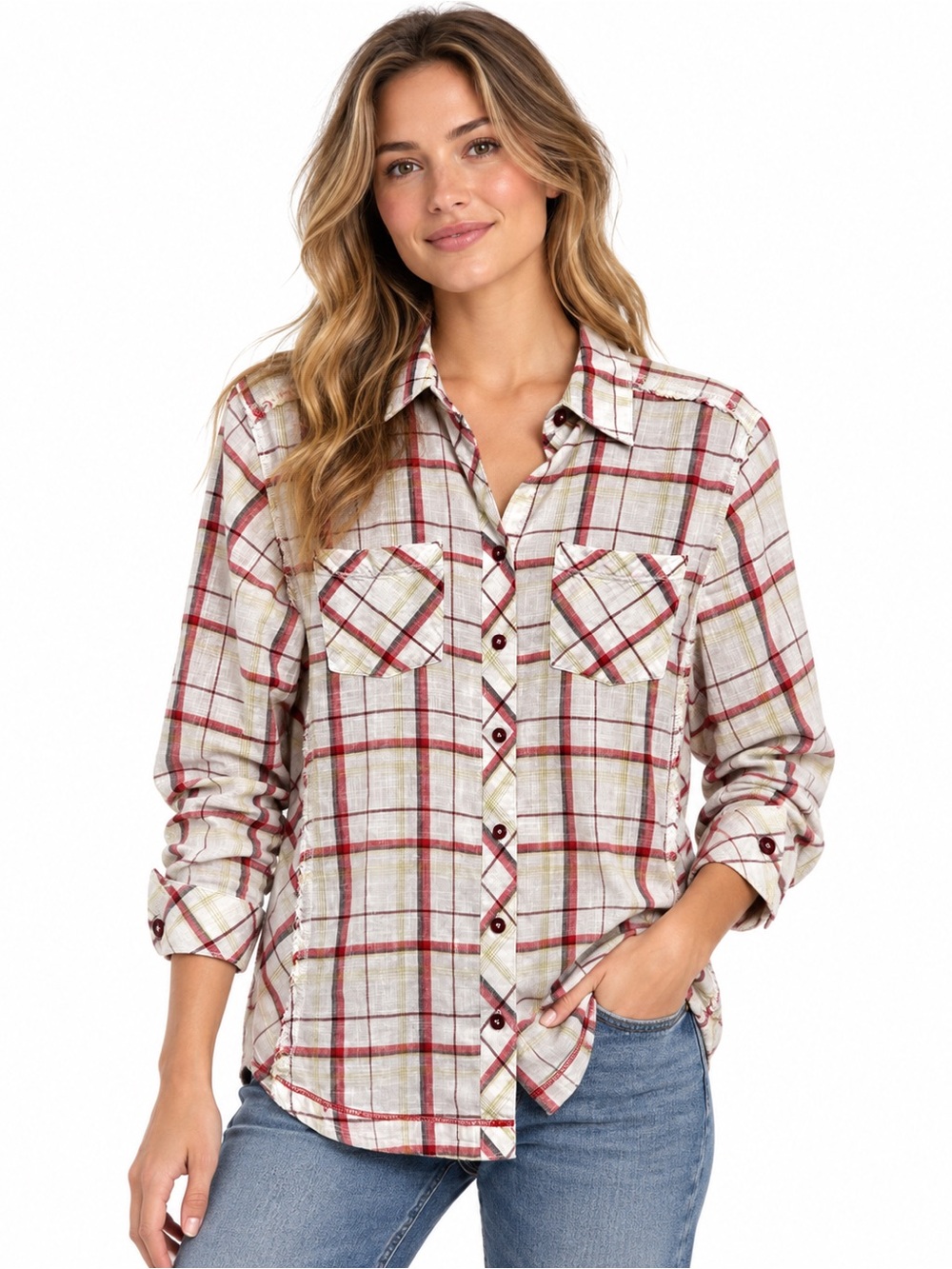 Columbia Plaid Cotton Button Down Shirt Frayed Seam Detail Size L